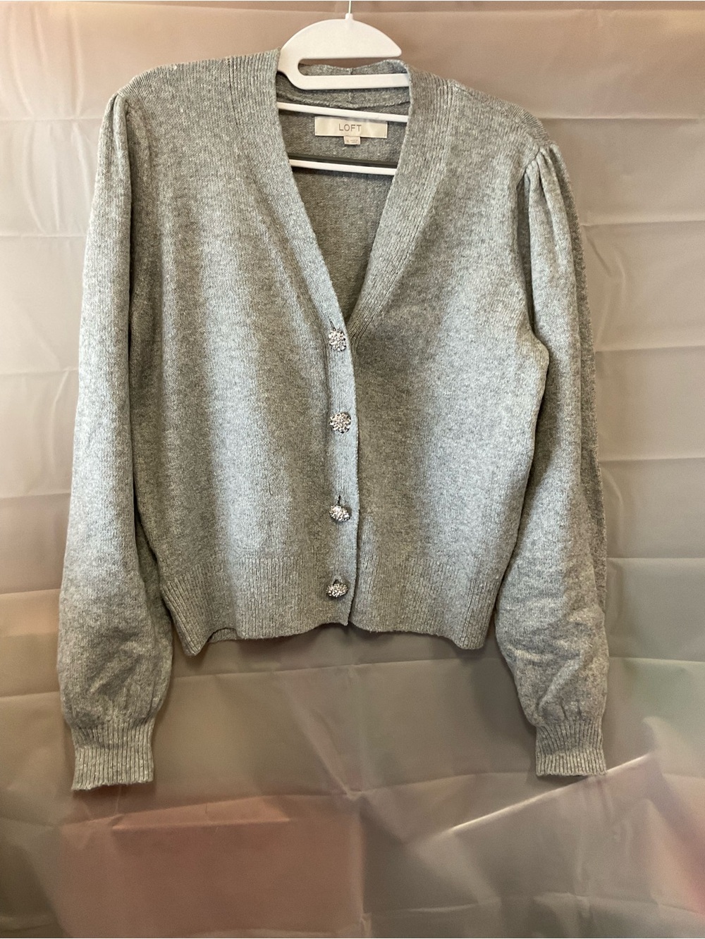 LOFT Light Gray V-Neck Button-Front Cardigan with Puff Sleeves
